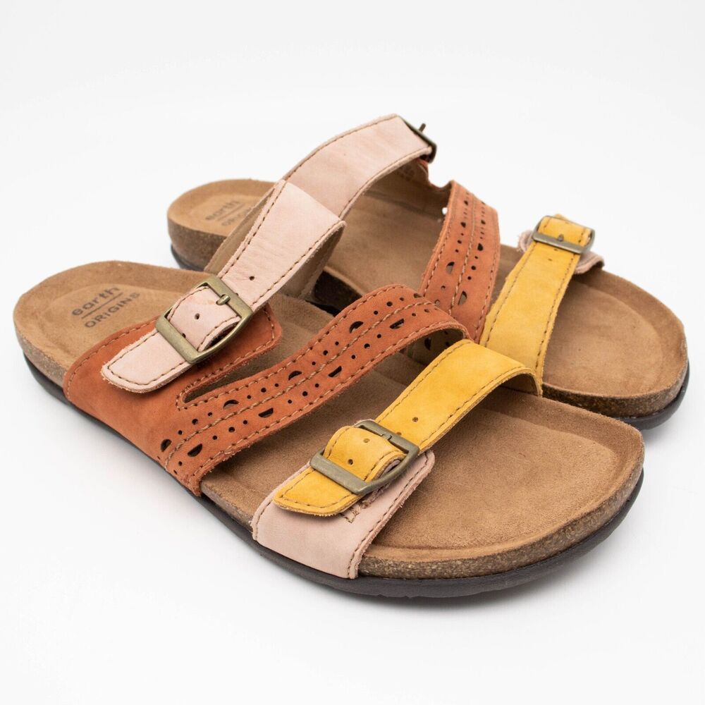 Earth Origins Orono Felix Adjustable Slide Sandal Amber Yellow Nubuck SIZE 7.5 M
